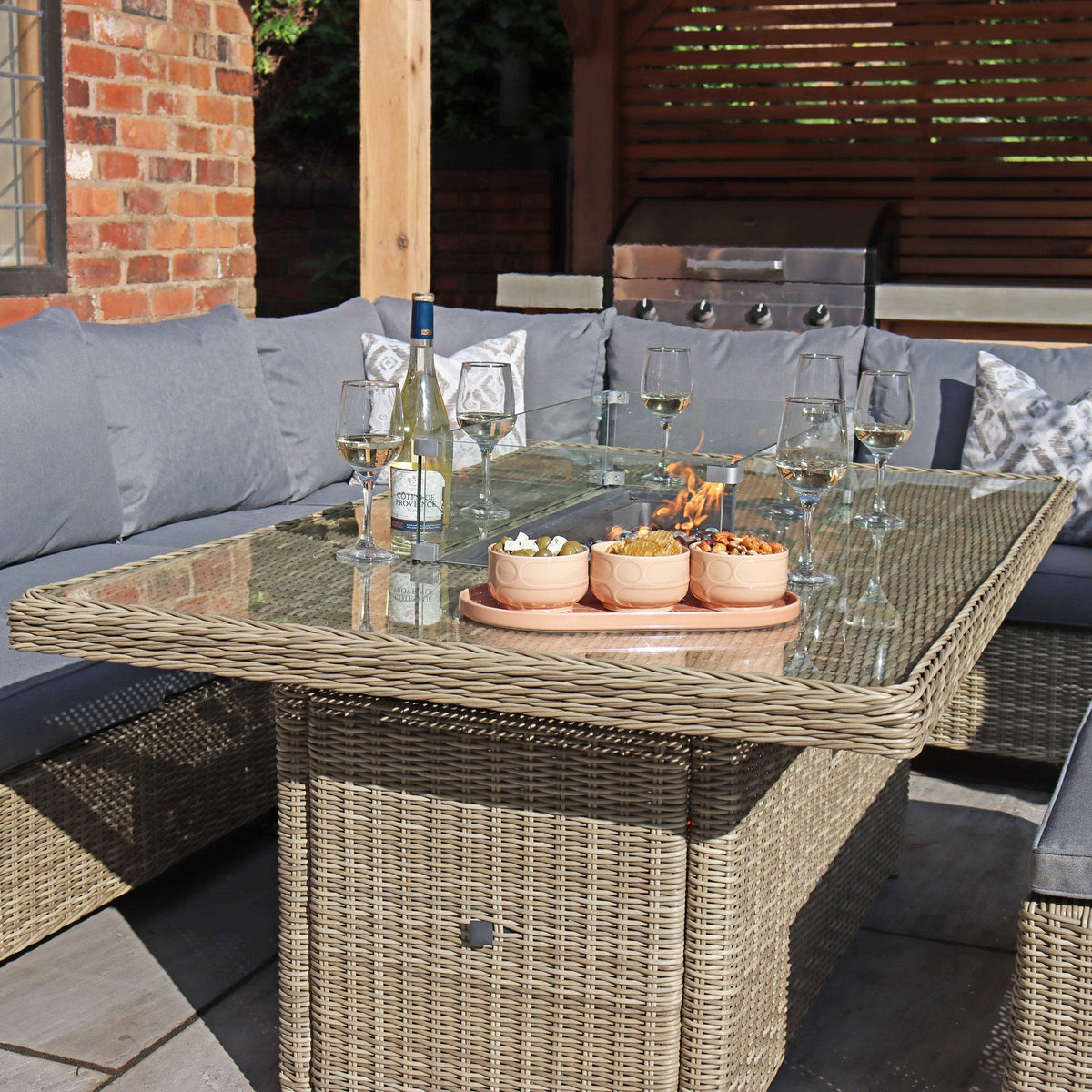 Wentworth 170cm Fire Pit Dine or Lounge Rattan Set with Bench
