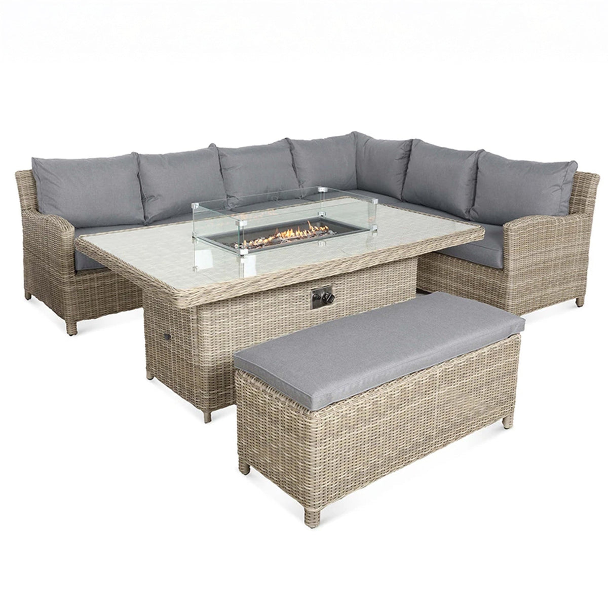 Wentworth 170cm Fire Pit Dine or Lounge Rattan Set with Bench