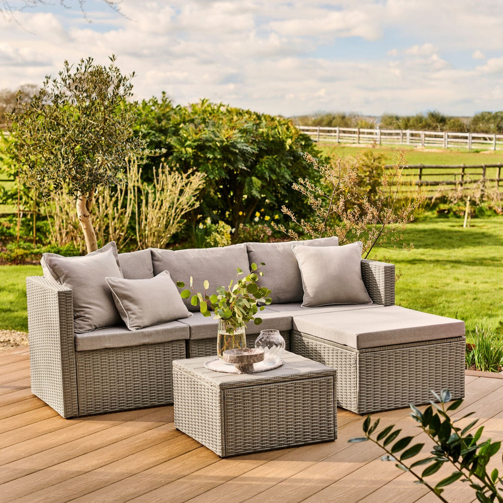 Weston 4 Seater Rattan Garden Corner Sofa Set - Light Grey with Stone Grey Cushions