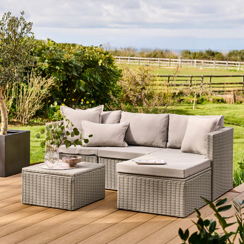 Weston 4 Seater Rattan Garden Corner Sofa Set - Light Grey with Stone Grey Cushions