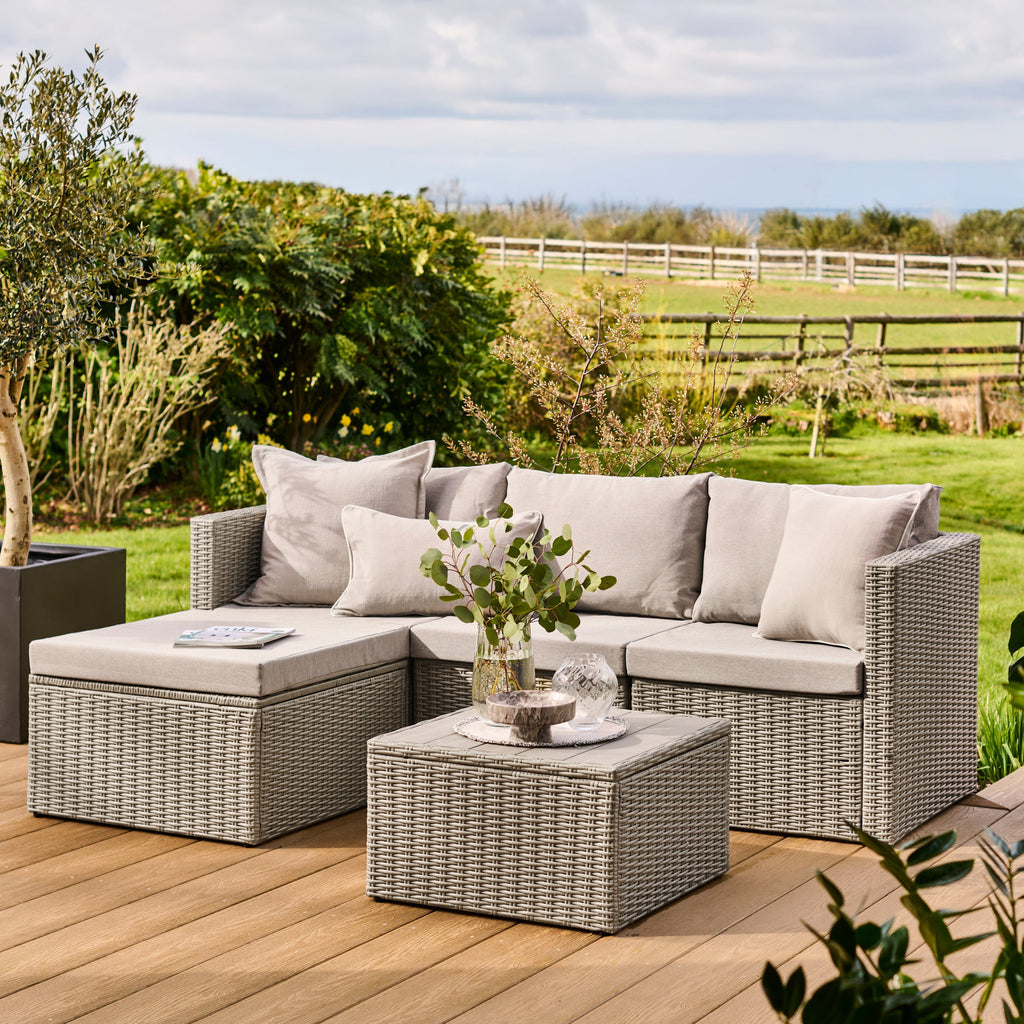 Weston 4 Seater Rattan Garden Corner Sofa Set - Light Grey with Stone Grey Cushions