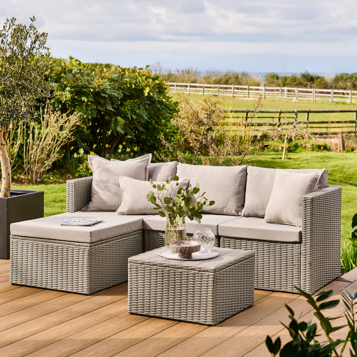 Weston 4 Seater Rattan Garden Corner Sofa Set - Light Grey with Stone Grey Cushions