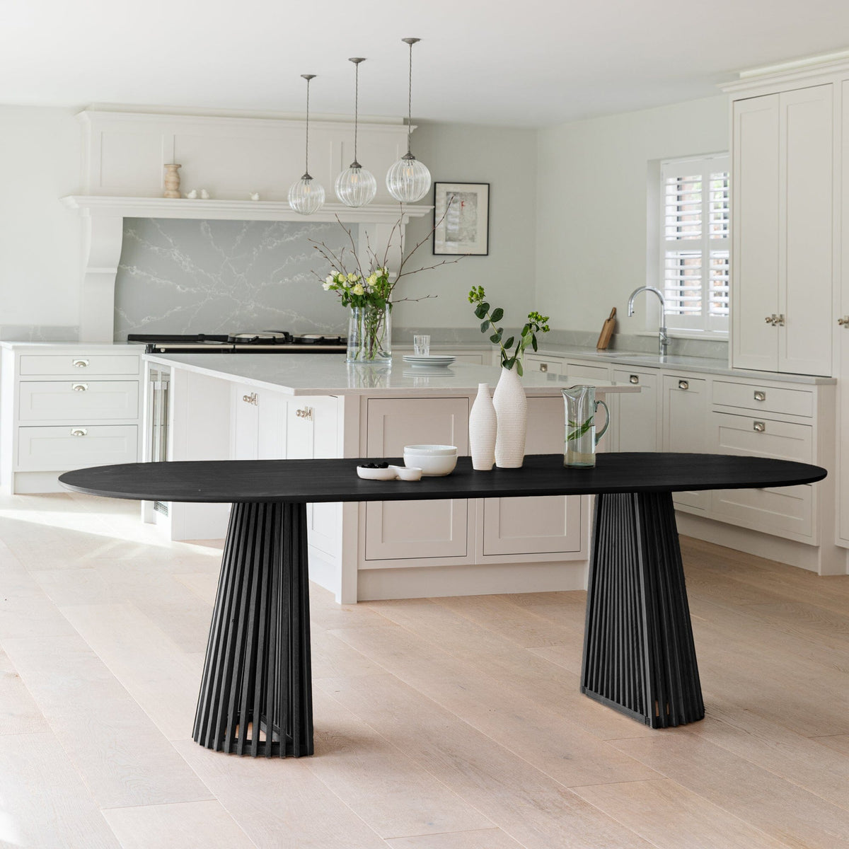 Willow Black Dining Table Set - 6 Seater - Freya Sand Dining Chairs - Black Legs