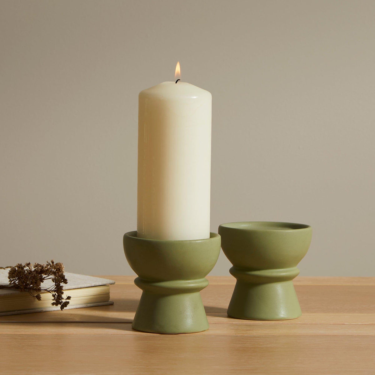 Outlet - Ackton 9cm Ceramic Pillar Candle Holder - Set of 2 - Sage Green