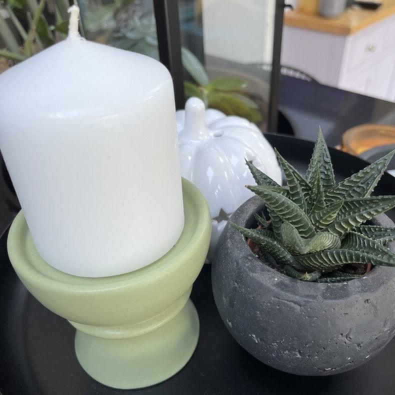 Outlet - Ackton 9cm Ceramic Pillar Candle Holder - Set of 2 - Sage Green
