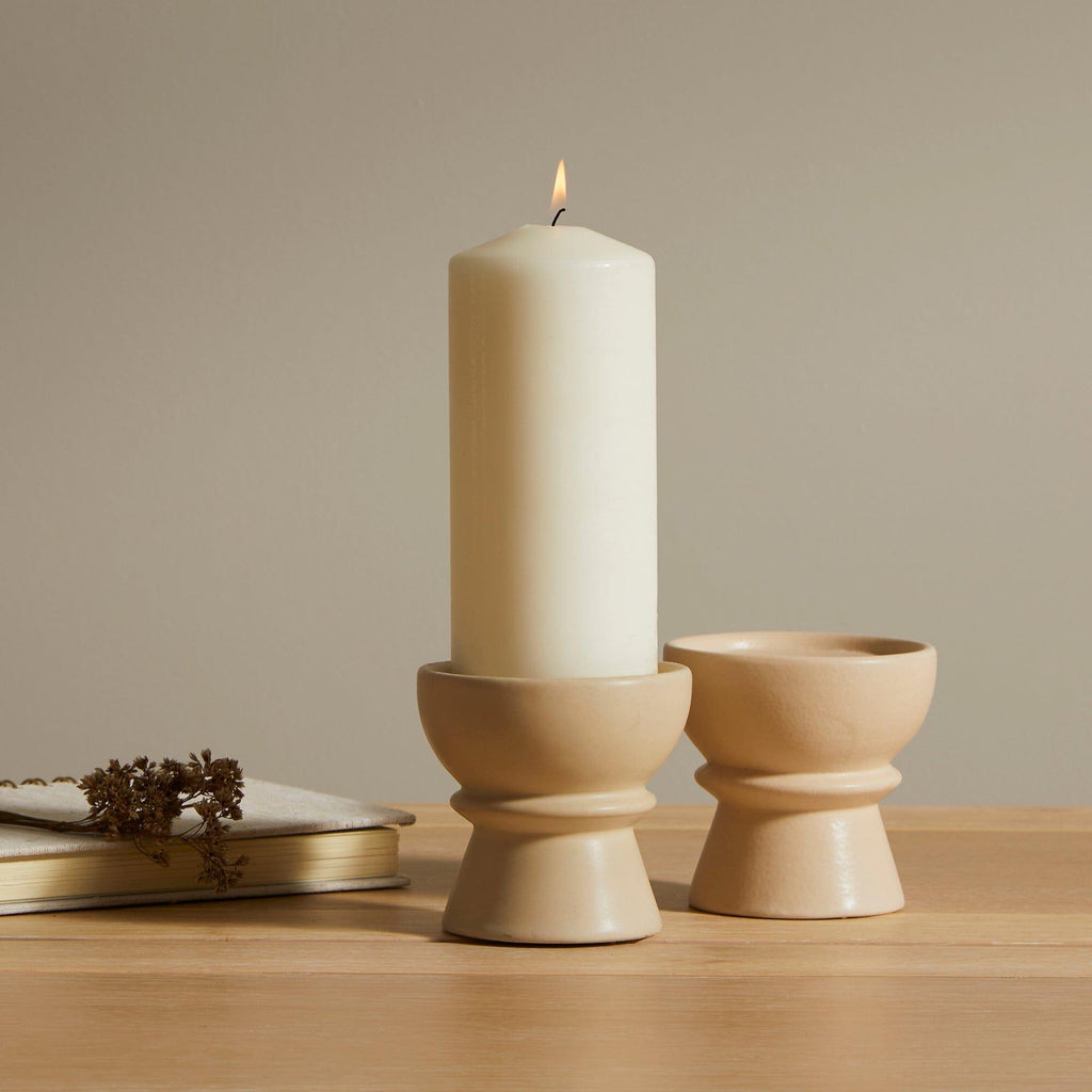 Outlet - Ackton 9cm Ceramic Pillar Candle Holder - Set of 2 - Taupe