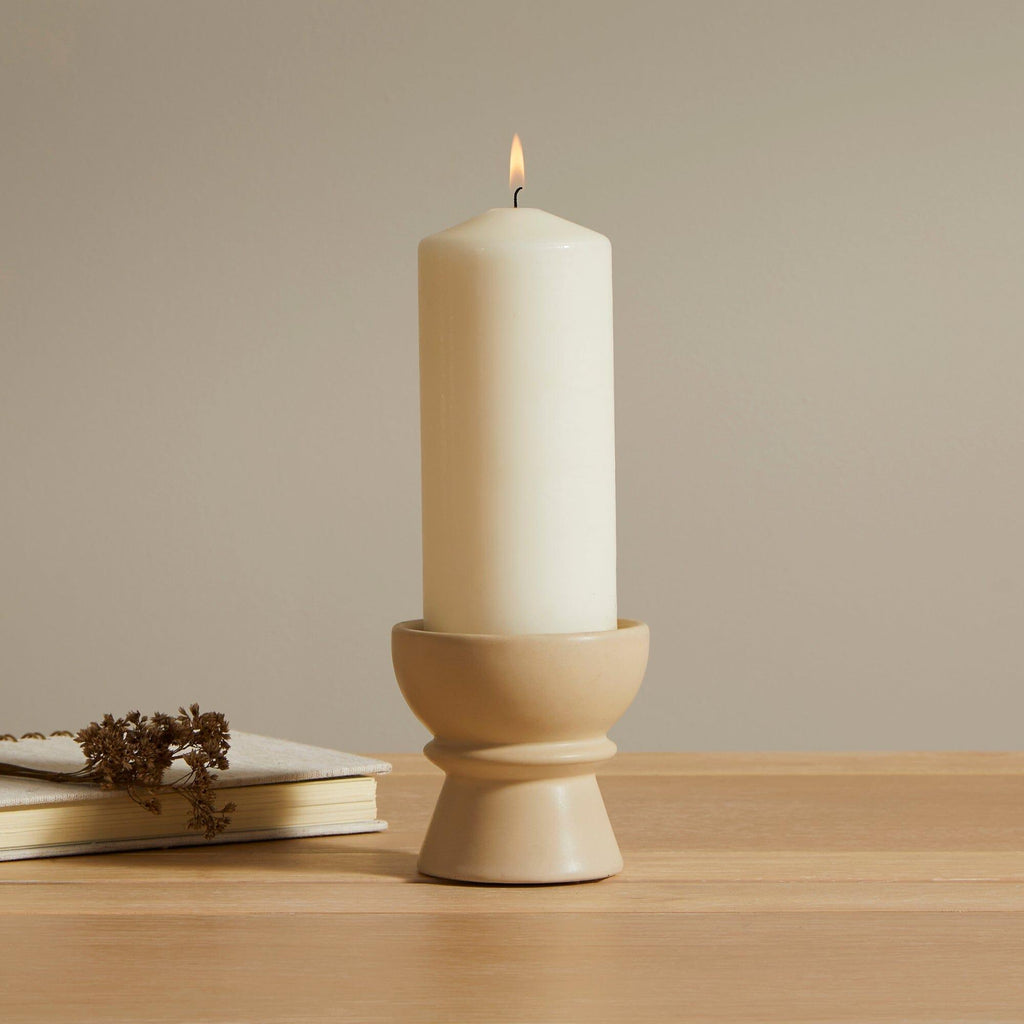 Outlet - Ackton 9cm Ceramic Pillar Candle Holder - Set of 2 - Taupe