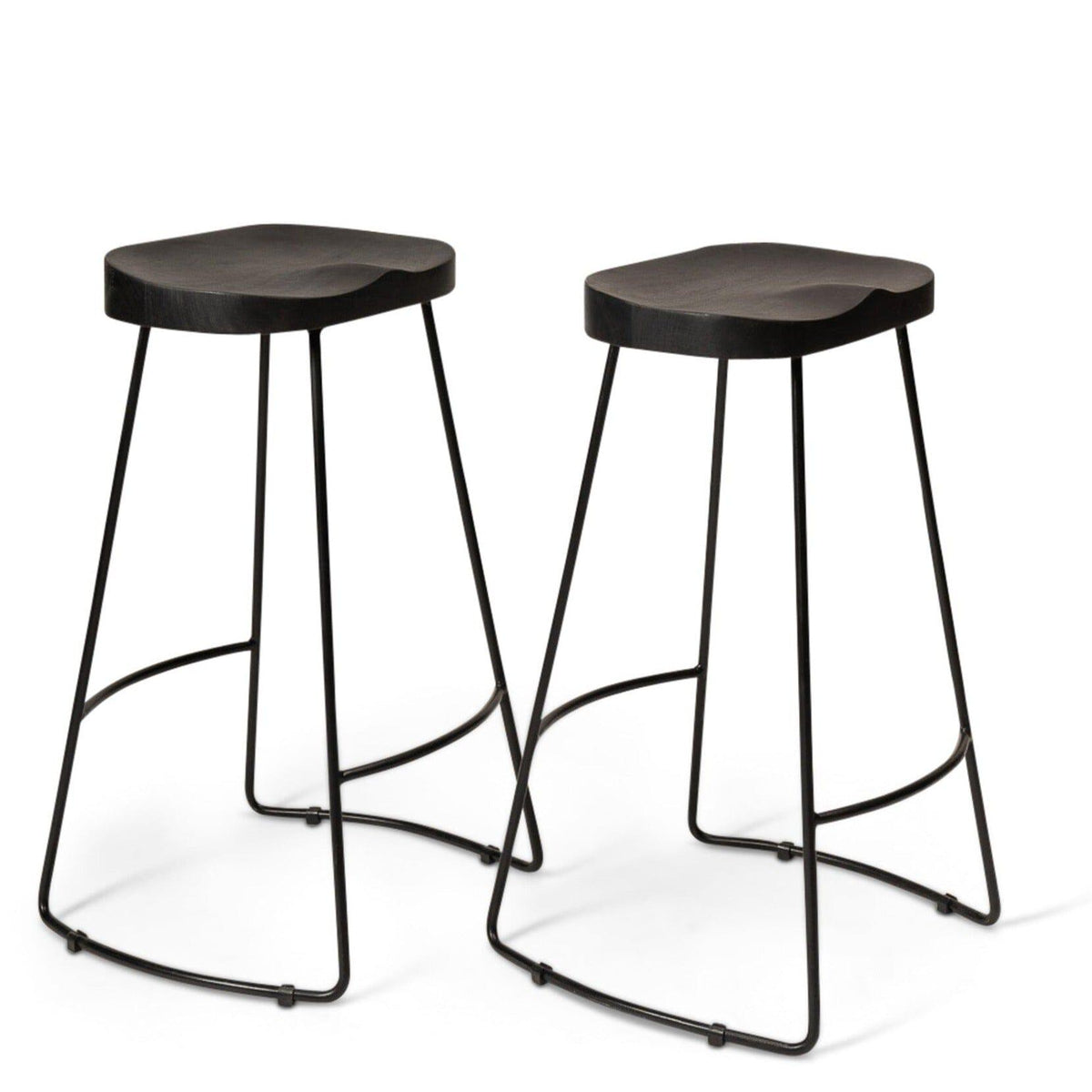 OUTLET - Aiden Black Mango Wood Backless Bar Stools - Set of 2 - Black Iron Legs
