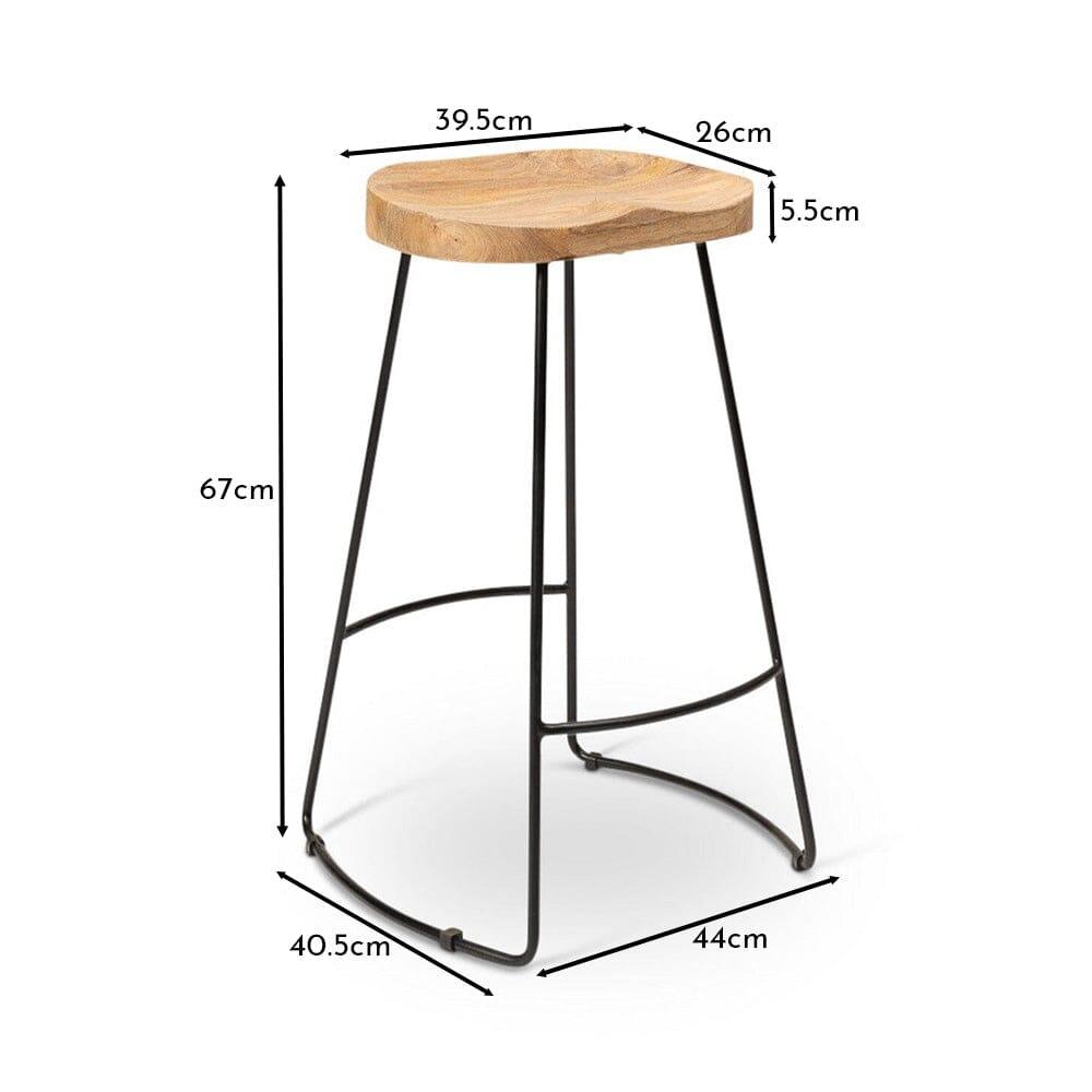 OUTLET - Aiden Natural Mango Wood Backless Bar Stools - Set of 2 - Black Iron Legs