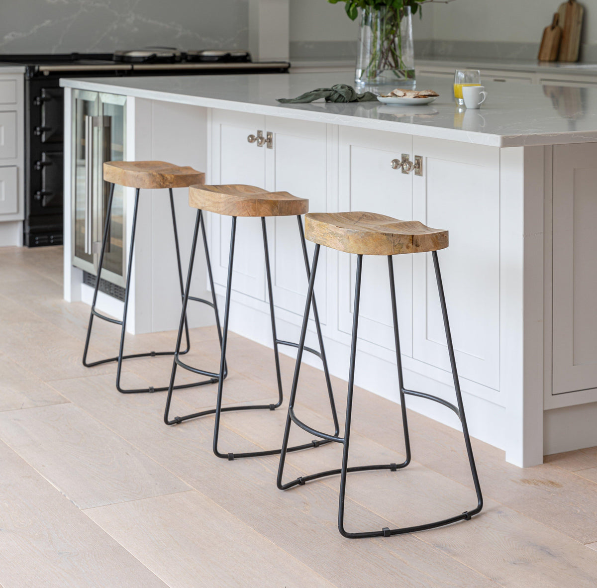 OUTLET - Aiden Natural Mango Wood Backless Bar Stools - Set of 2 - Black Iron Legs