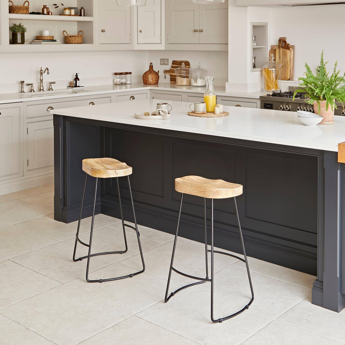 Aiden Natural Mango Wood Backless Bar Stools - Set of 2 - Black Iron Legs