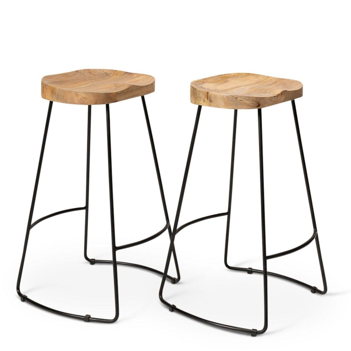 Aiden Natural Mango Wood Backless Bar Stools - Set of 2 - Black Iron Legs