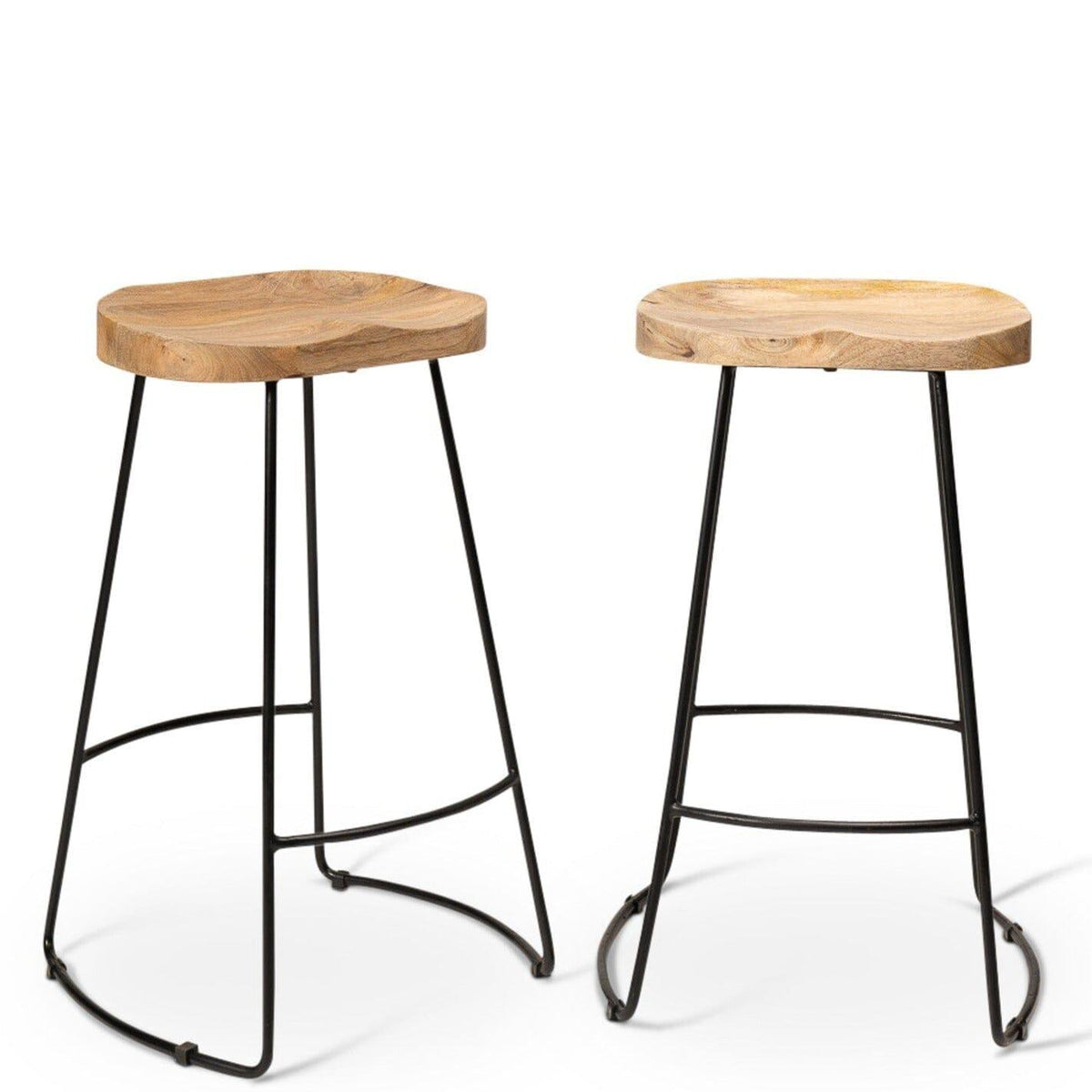 OUTLET - Aiden Natural Mango Wood Backless Bar Stools - Set of 2 - Black Iron Legs