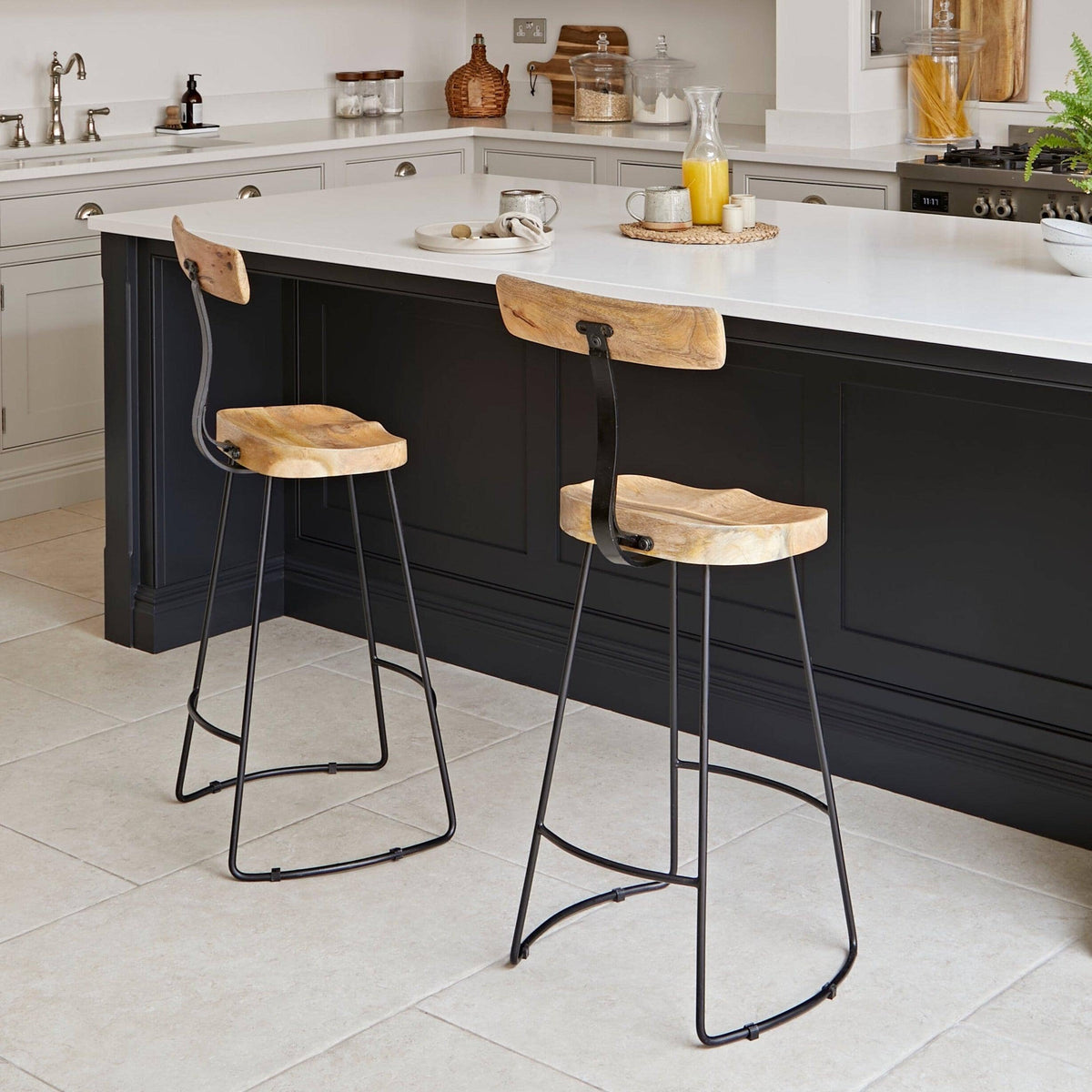 Aiden Natural Mango Wood Bar Stools - Set of 2 - Black Iron Legs