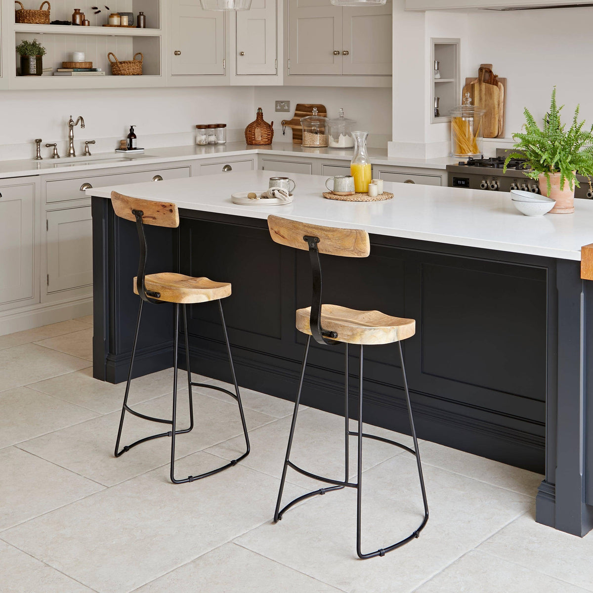 Aiden Natural Mango Wood Bar Stools - Set of 2 - Black Iron Legs