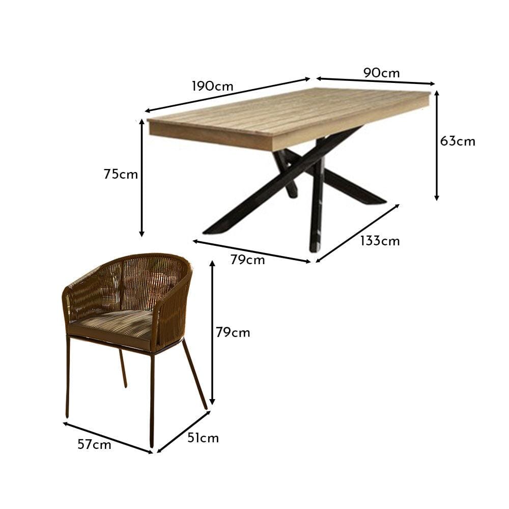 Amelia 4 Seater Wooden Garden Dining Set with 4 Hali Green Chairs - Light Brushed Acacia with Black Legs