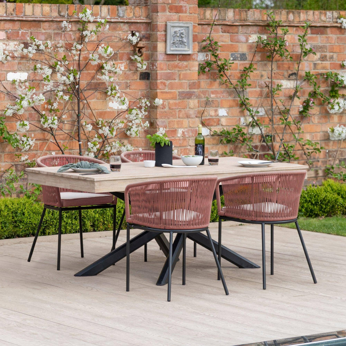 Amelia 4 Seater Wooden Garden Dining Set with 4 Hali Pink Chairs - Light Brushed Acacia with Black Legs