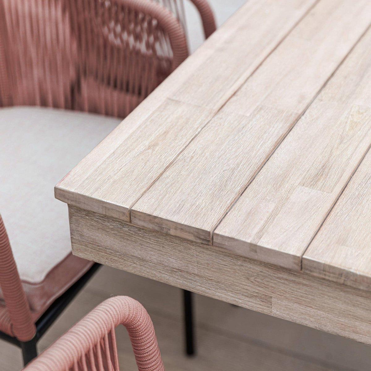 Amelia 4 Seater Wooden Garden Dining Set with 4 Hali Pink Chairs - Light Brushed Acacia with Black Legs