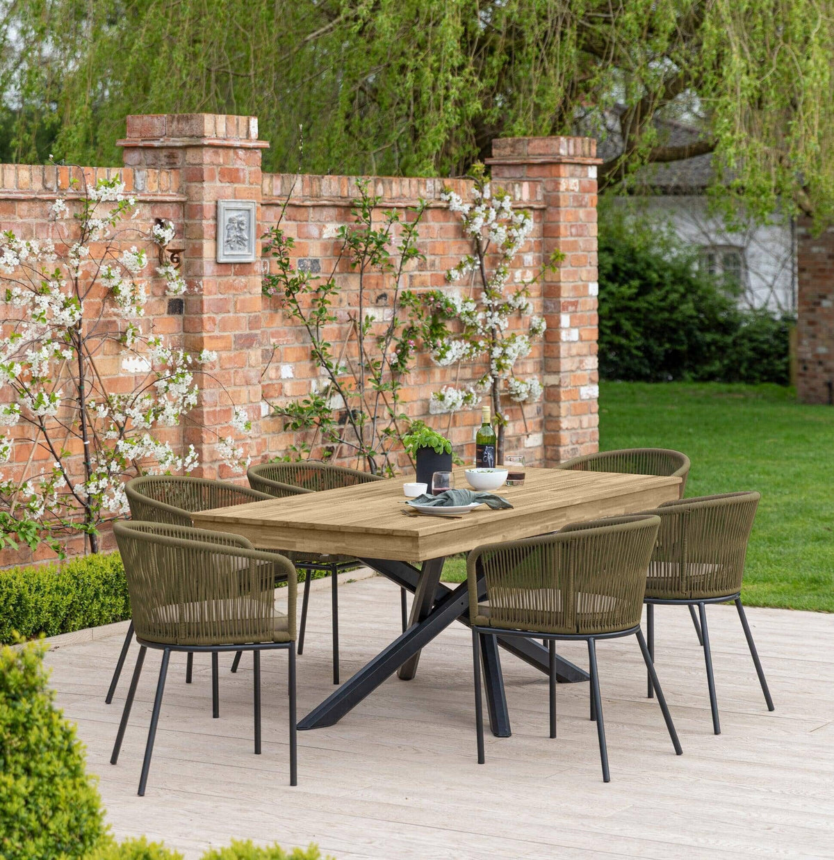 Amelia 6 Seater Wooden Garden Dining Set with 6 Hali Green Chairs - White Acacia with Black Legs