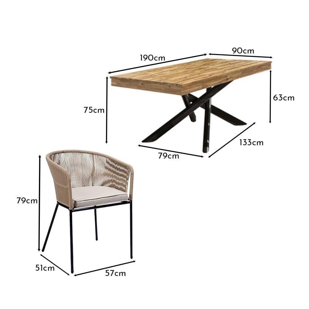 Amelia 6 Seater White Acacia Wood Black Legs Garden Dining Set - Hali Natural Chairs