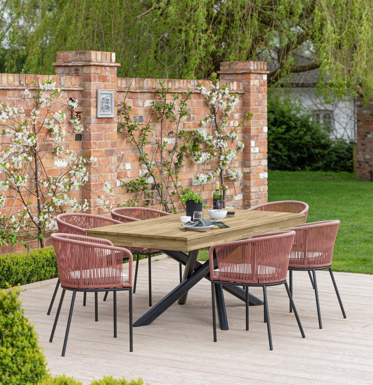 Amelia 6 Seater Wooden Garden Dining Set with 6 Hali Pink Chairs - White Acacia with Black Legs