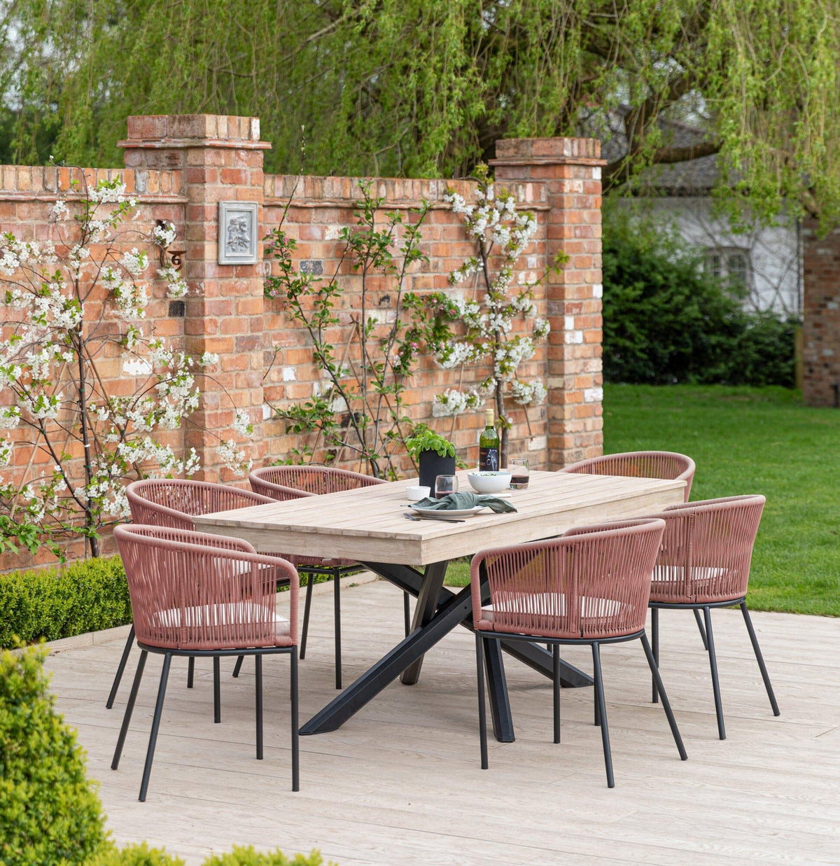 Amelia 6 Seater Wooden Garden Dining Set with 6 Hali Pink Chairs - Light Brushed Acacia with Black Legs