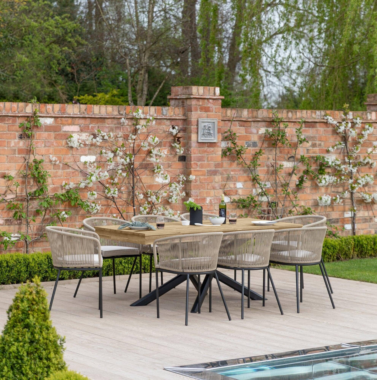 Amelia 8 Seater Natural Wood Black Legs Garden Dining Set - Hali Natural Chairs