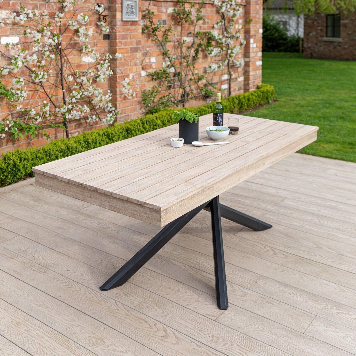 Amelia 8 Seater Wooden Garden Dining Set with 8 Hali Black Chairs - Light Brushed Acacia with Black Legs