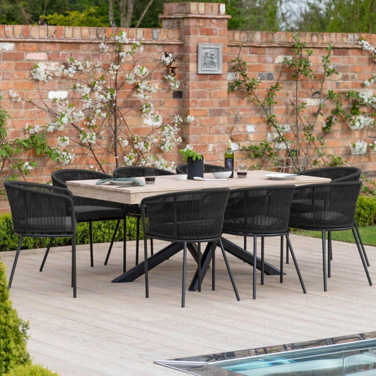 Amelia 8 Seater Wooden Garden Dining Set with 8 Hali Black Chairs - Light Brushed Acacia with Black Legs
