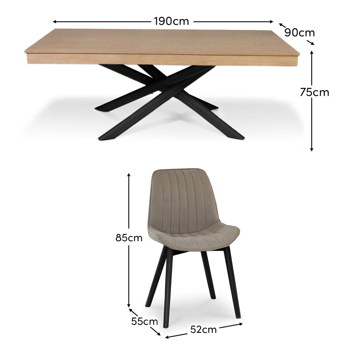 Amelia Whitewash Dining Table Set - 6 Seater - Bella Soft Beige Dining Chairs - Black Legs