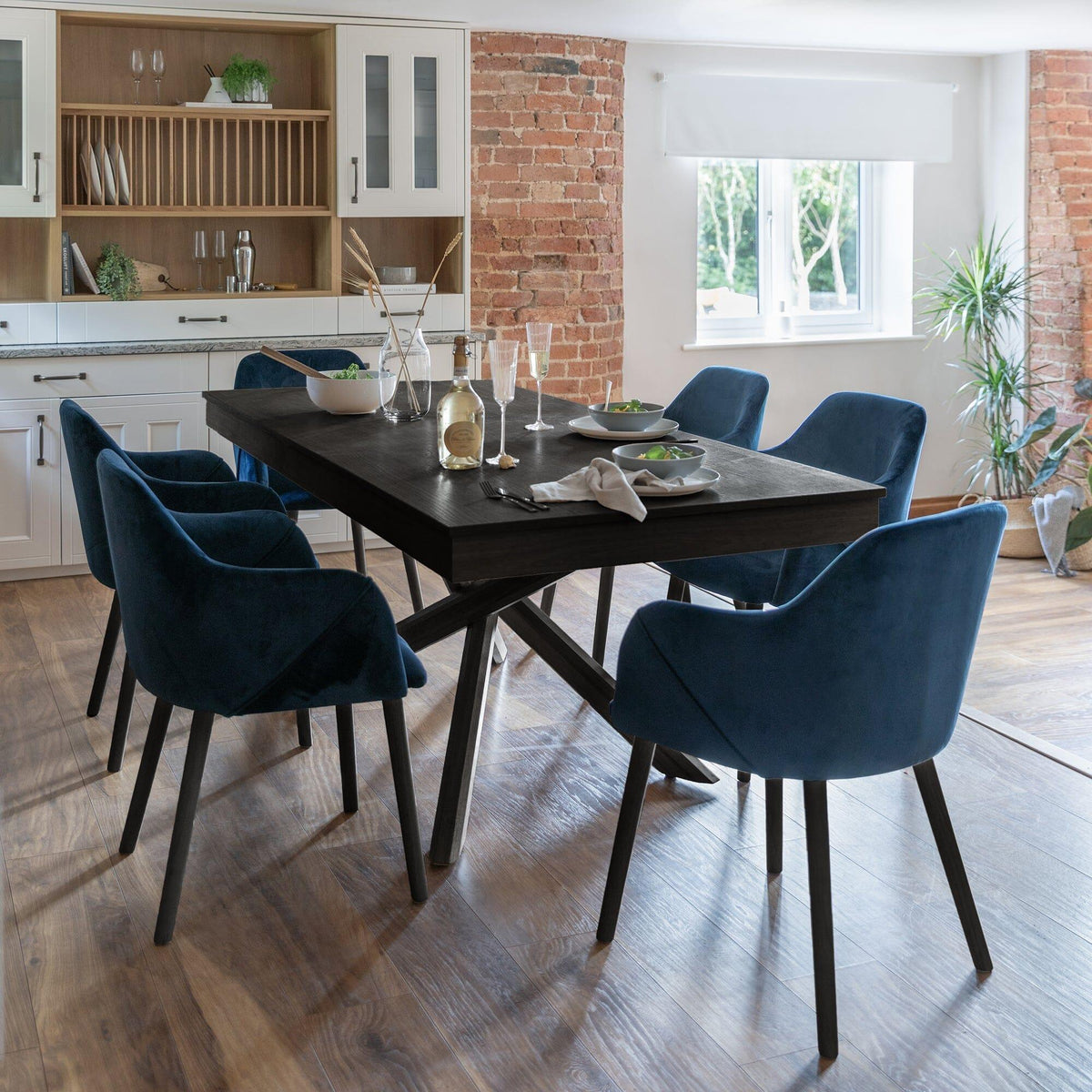 Amelia Black Dining Table Set - 6 Seater - Freya Blue Carver Chairs - Black Legs