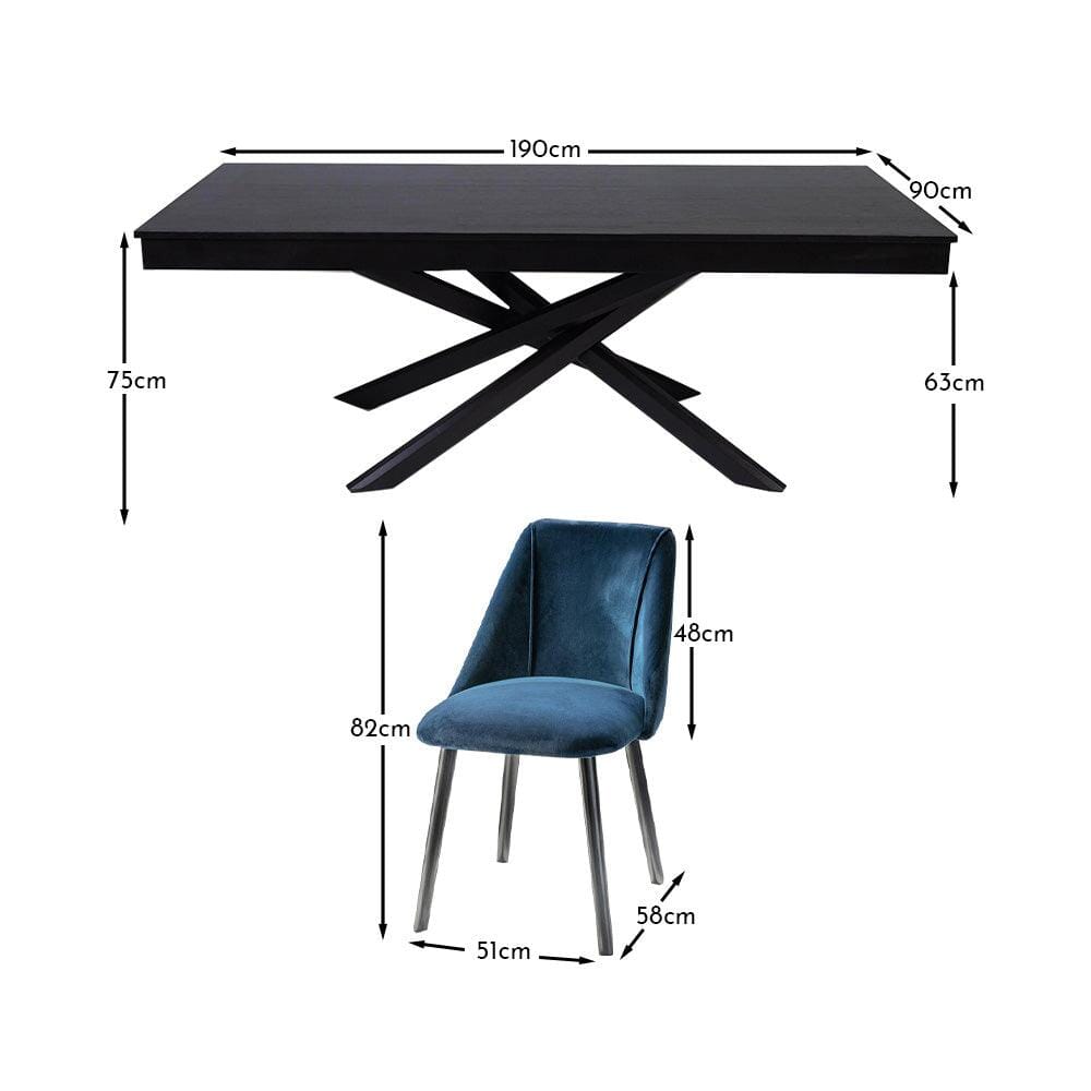 Amelia Black Dining Table Set - 6 Seater - Freya Blue Dining Chairs - Black Legs