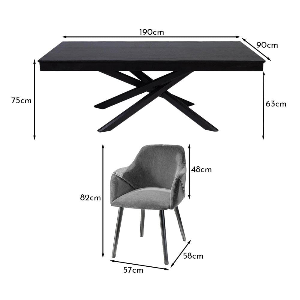 Amelia Black Dining Table Set - 6 Seater - Freya Grey Carver Chairs - Black Legs