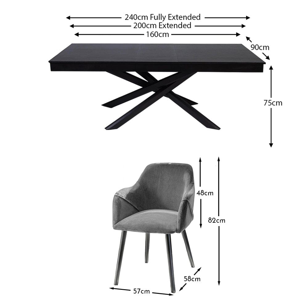 Amelia Black Extendable Dining Table Set - 6 Seater - Freya Grey Carver Chairs - Black Legs