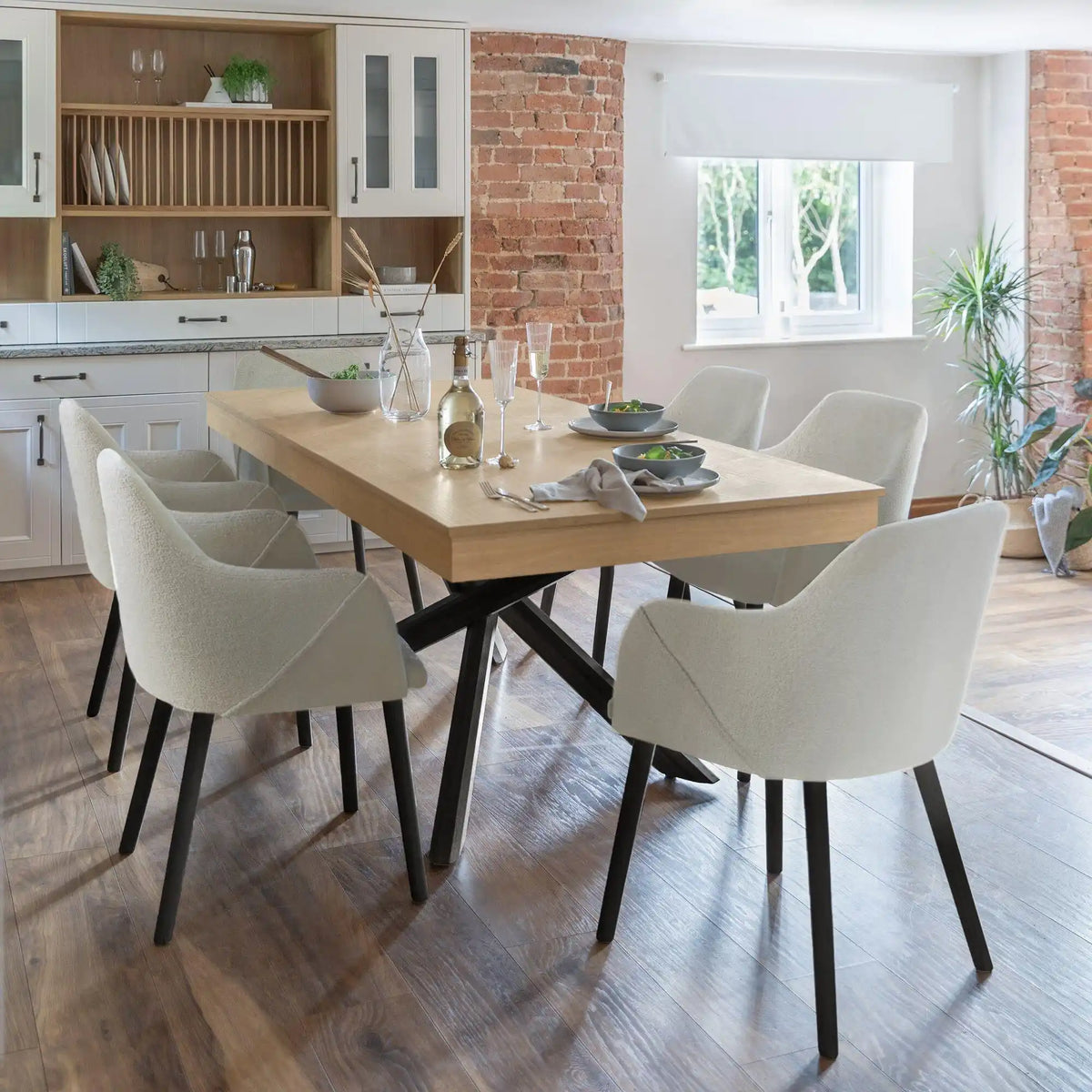 Amelia Whitewash Extendable Dining Table Set - 6 Seater - Freya Boucle Carver Chairs - Black Legs