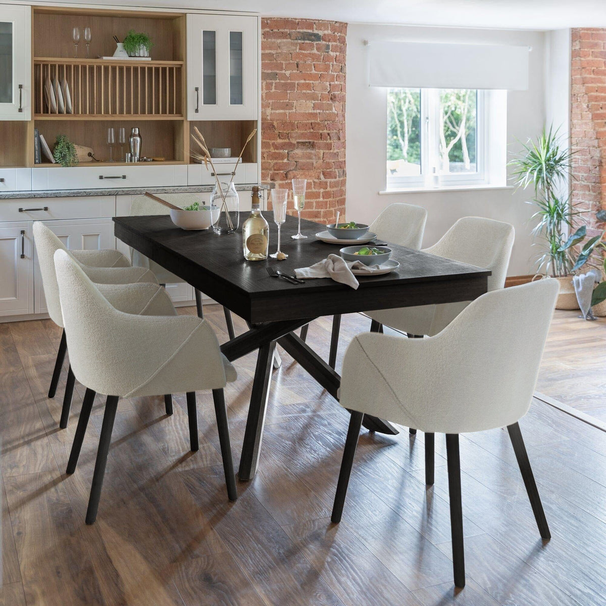 Amelia Black Dining Table Set - 6 Seater - Freya Boucle Carver Chairs - Black Legs
