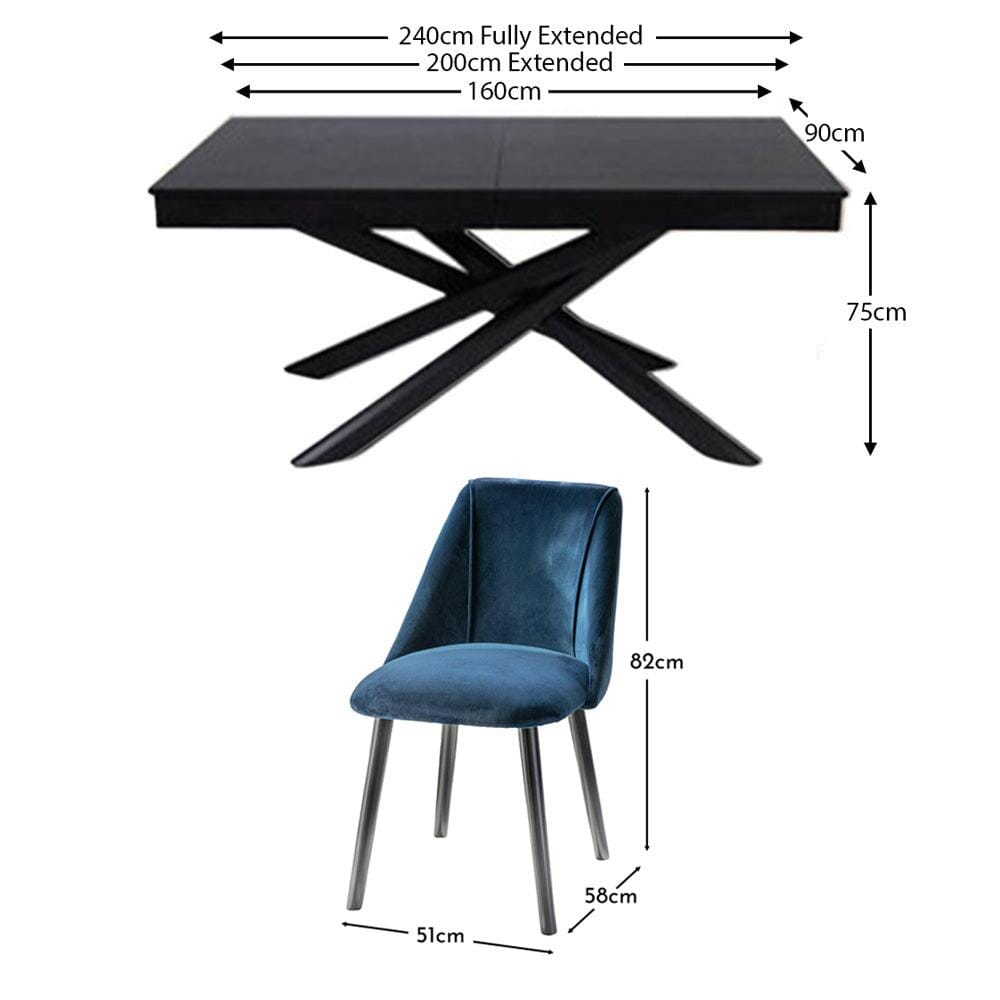 Amelia Black Extendable Dining Table Set - 6 Seater - Freya Blue Dining Chairs - Black Legs
