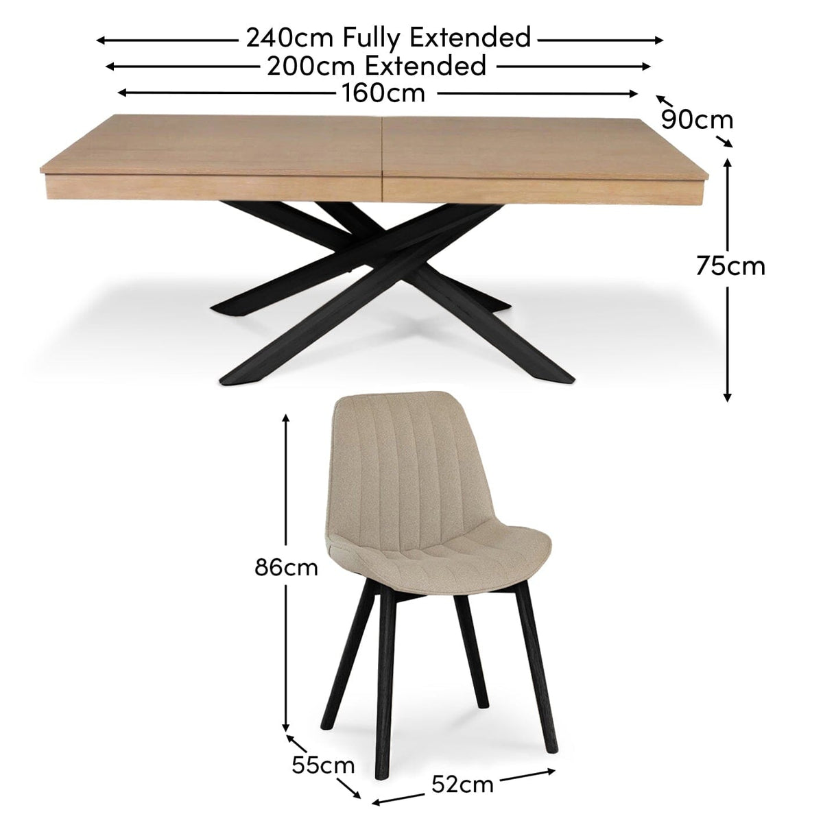 Amelia Whitewash Extendable Dining Table Set - 6 Seater - Bella Light Beige Boucle Dining Chairs - Black Legs