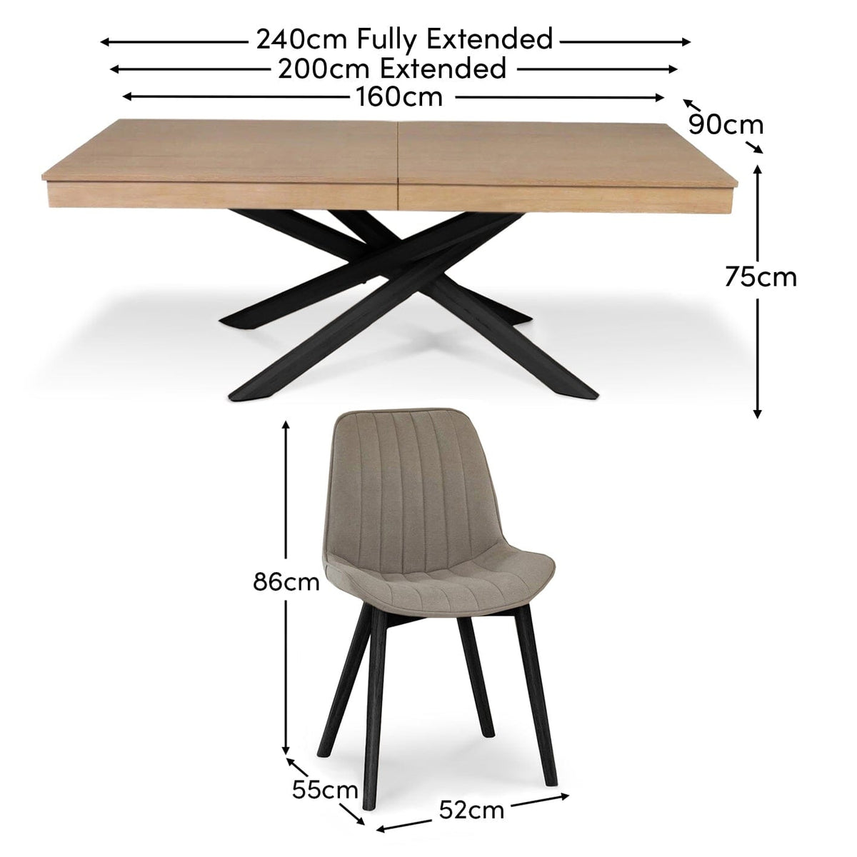 Amelia Whitewash Extendable Dining Table Set - 6 Seater - Bella Soft Beige Dining Chairs - Black Legs