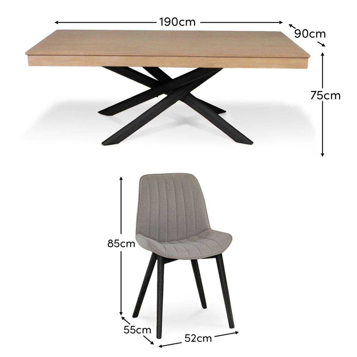 Amelia Whitewash Dining Table Set - 6 Seater - Bella Cloud Grey Dining Chairs - Black Legs