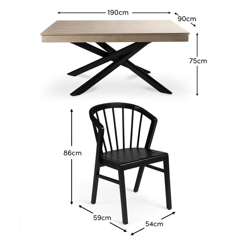 Amelia Whitewash Dining Table Set - 6 Seater - Mabel Black Spindle Back Chairs