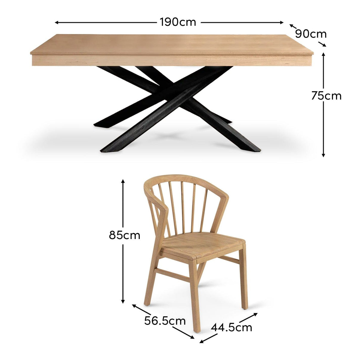 Amelia Pale Oak Dining Table Set with Black Legs - 6 Seater - Mabel Pale Oak Spindle Back Chairs