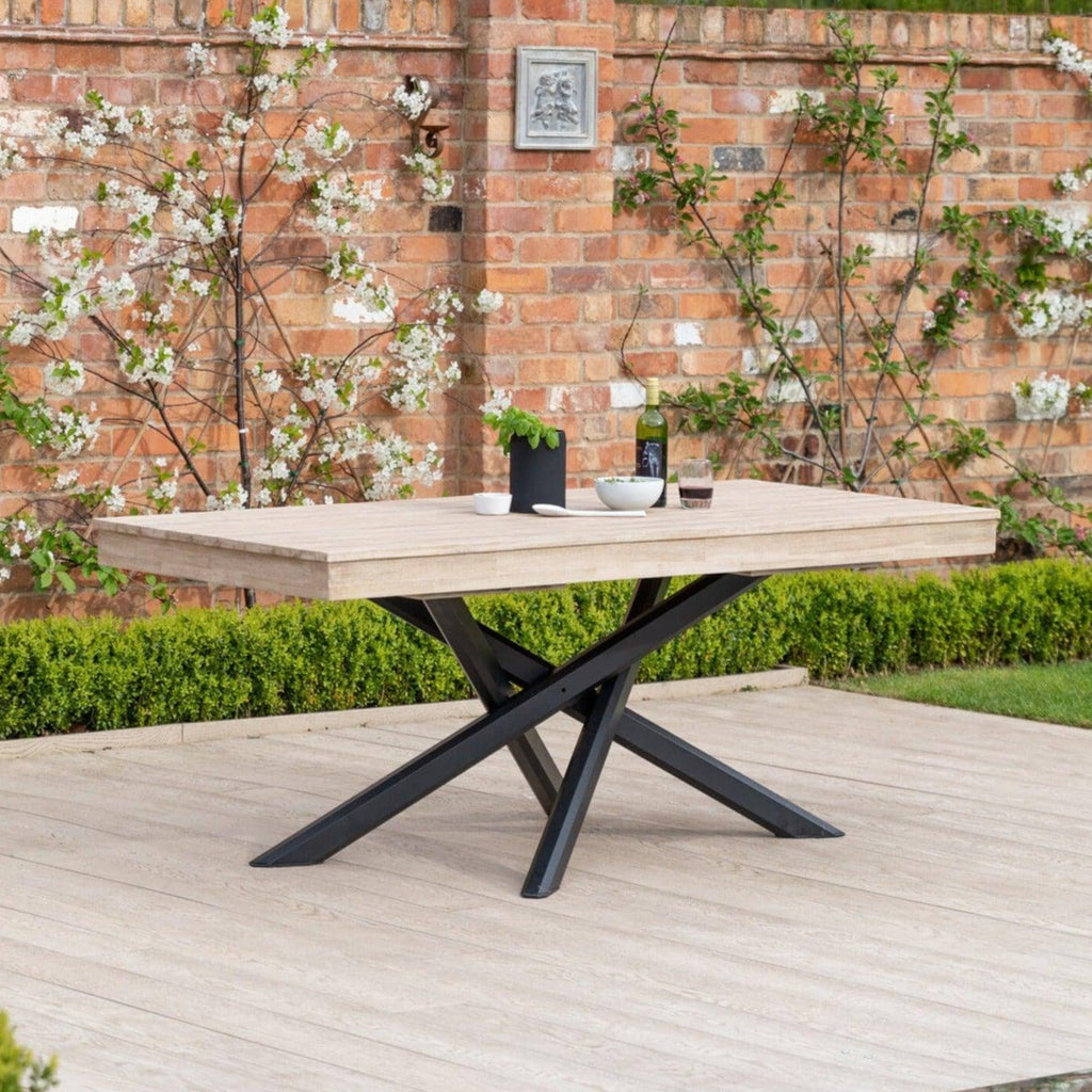 Outlet - Amelia Outdoor Dining Table in Light Brushed Acacia Wood with Black Metal Legs