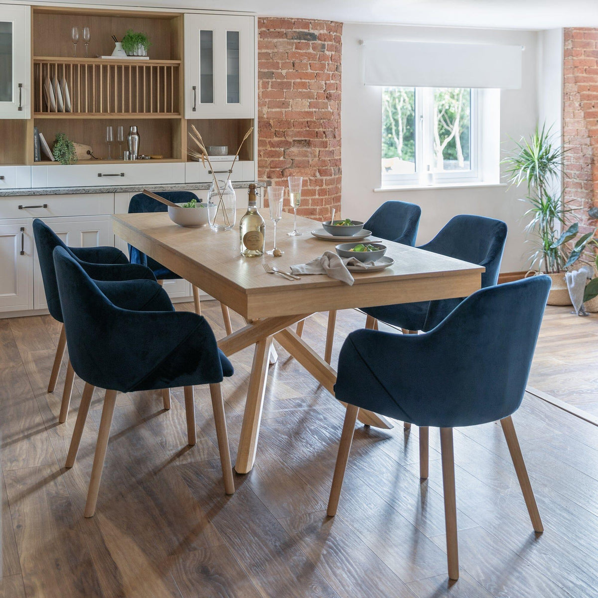 Amelia Whitewash Dining Table Set - 6 Seater - Freya Blue Carver Chairs - Whitewash Oak Legs