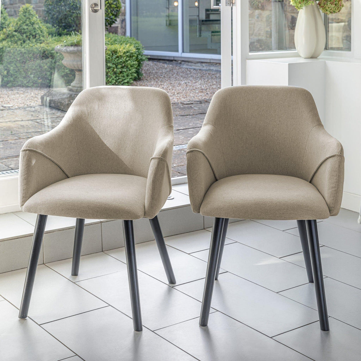 Amelia Whitewash Dining Table Set - 6 Seater - Freya Sand Carver Chairs - Black Legs
