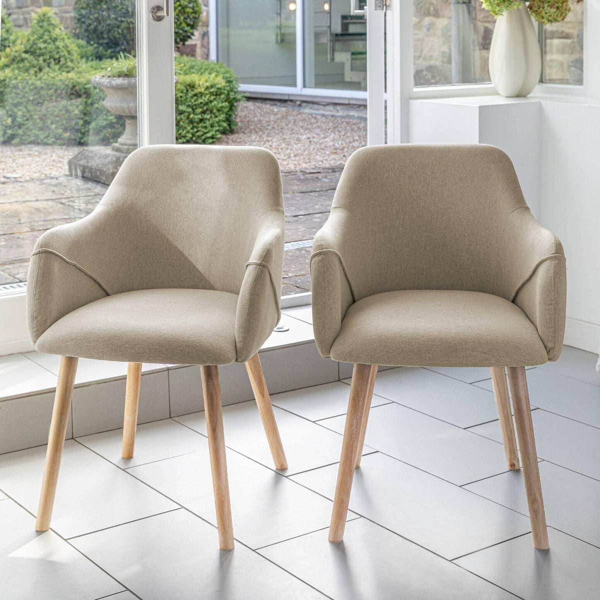 Amelia Whitewash Dining Table Set - 6 Seater - Freya Sand Carver Chairs - Whitewash Oak Legs