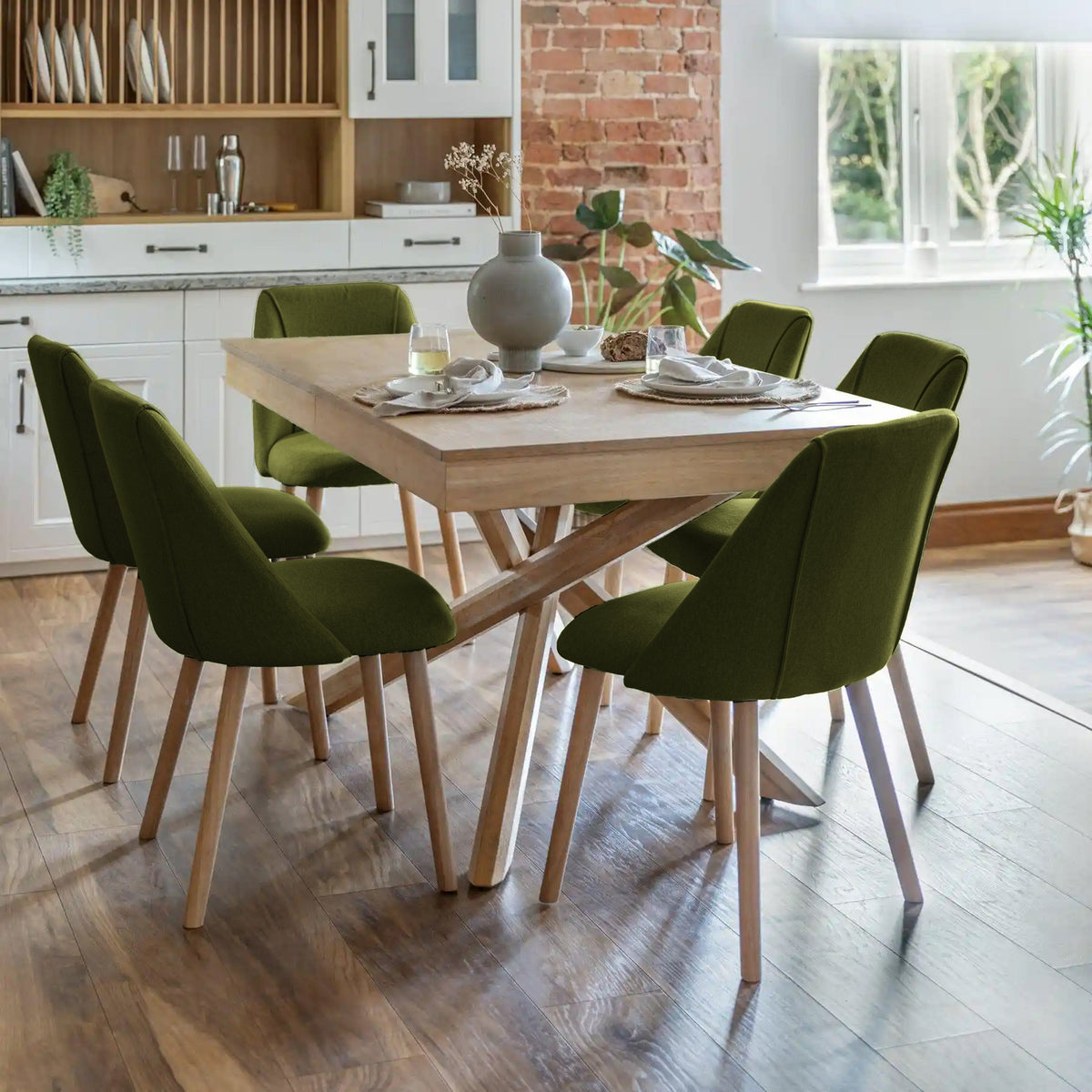 Amelia Whitewash Dining Table Set - 6 Seater - Freya Fern Green Dining Chairs - Whitewash Legs
