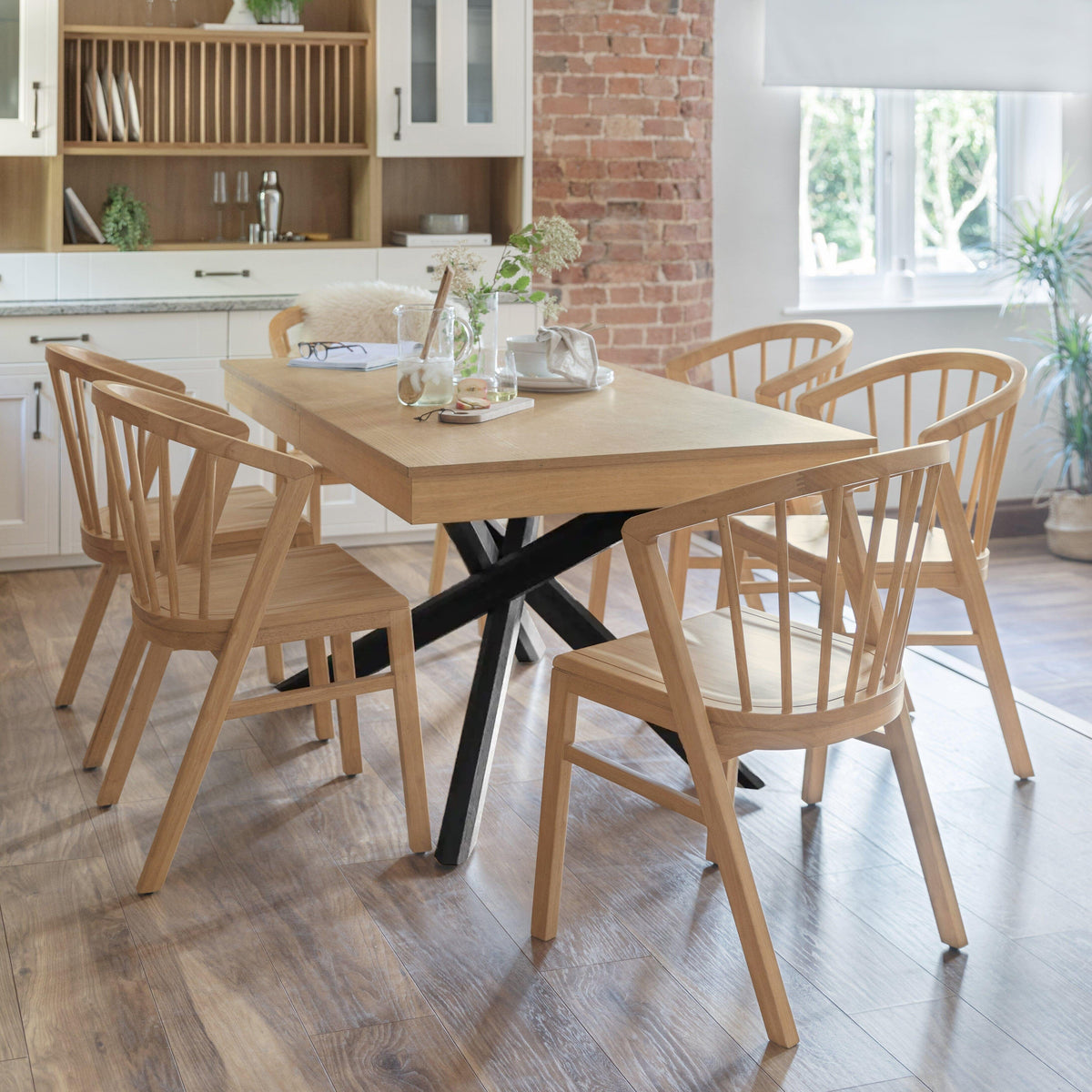 Amelia Pale Oak Dining Table Set with Black Legs - 6 Seater - Mabel Pale Oak Spindle Back Chairs
