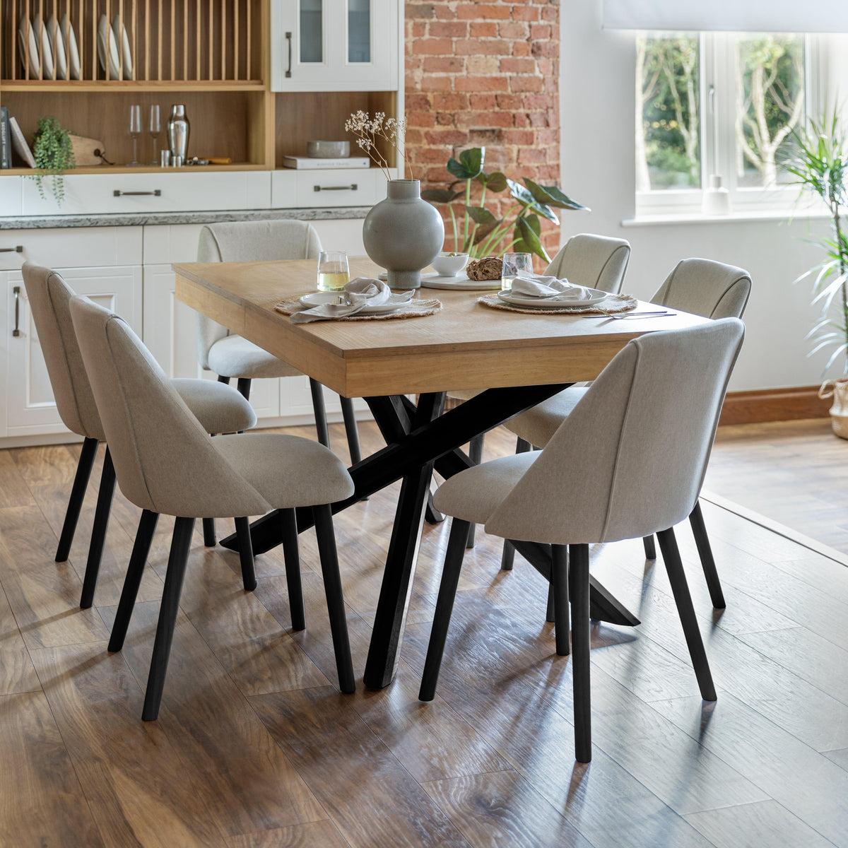 Amelia Whitewash Extendable Dining Table Set - 6 Seater - Freya Sand Dining Chairs - Black Legs