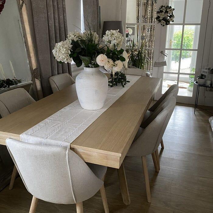 Amelia Whitewash Extendable Dining Table Set - 6 Seater - Freya Sand Dining Chairs - Whitewash Oak Legs